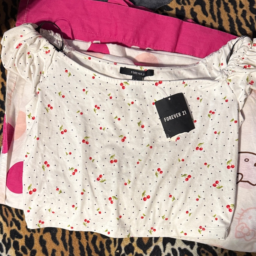 Forever 21 White Cherry Print Top